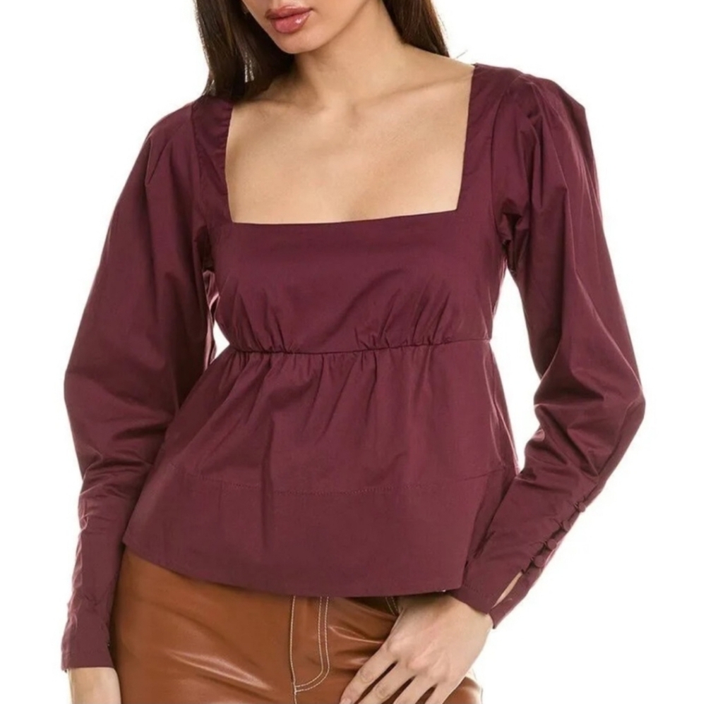 STAUD Peggy Empire Waist Stretch Cotton Blouse In Plum - Size M